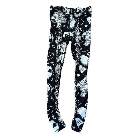 FUTURE FANTASY DELIGHT Slit Weave Graphic Leggings Streetwear Rave Festival Sz M - Picture 2 of 10